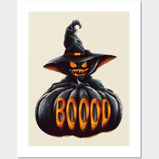 Halloween pumpkin boo with witch hat Posters and Art